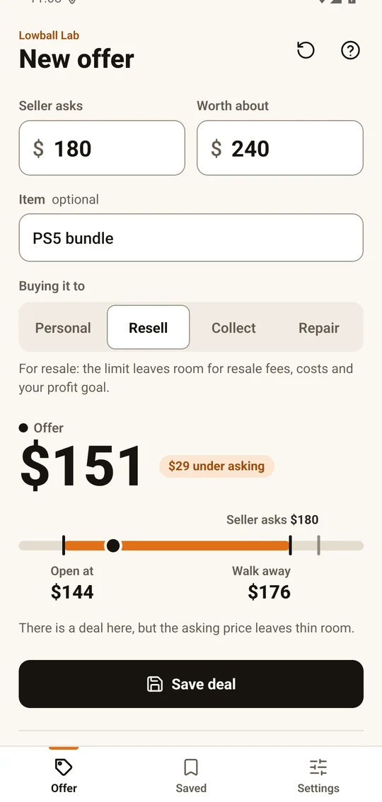 Lowball Lab offer screen showing an offer of $151 with an opener of $144 and a walk-away of $176