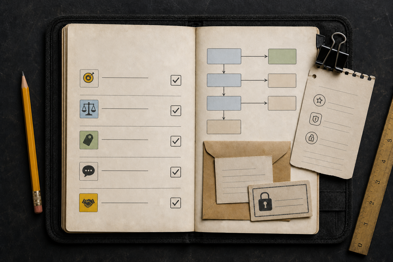 An open offer-planning field manual with checklist and release-note cards.