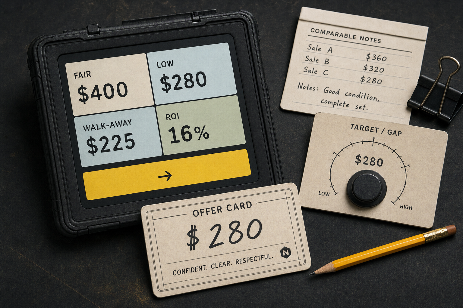 A rugged offer-planning workbench with calculator, comparable-sale notes, target dial, and offer card.